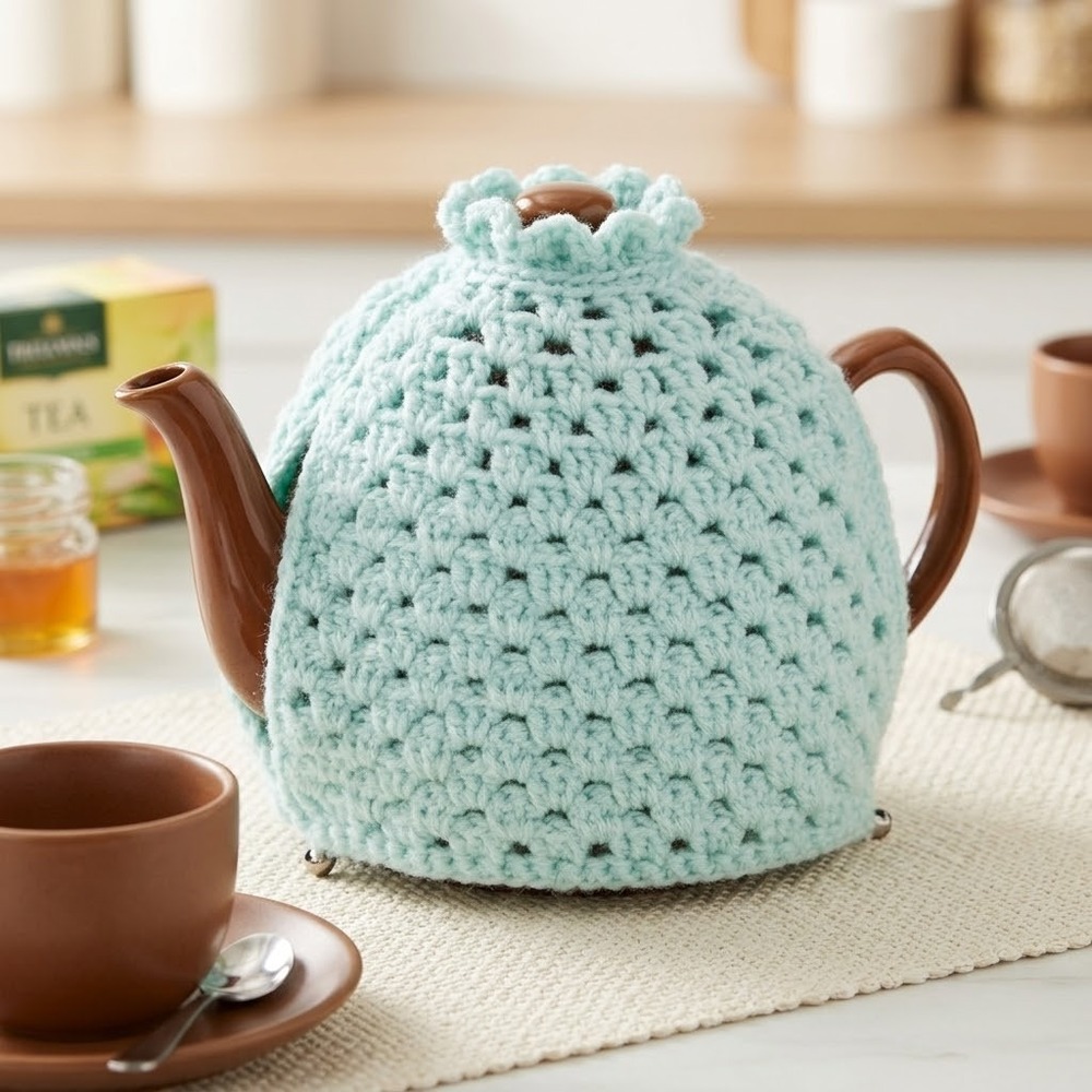 Handmade Crochet Tea Cozy seafoam Granny Stitch Vintage Style Cottagecore